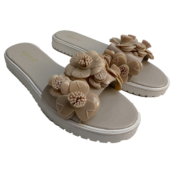 Nine West Womens Relly Open Toe Casual Slide Sandals Beige Size 9 NWB - Picture 1 of 10